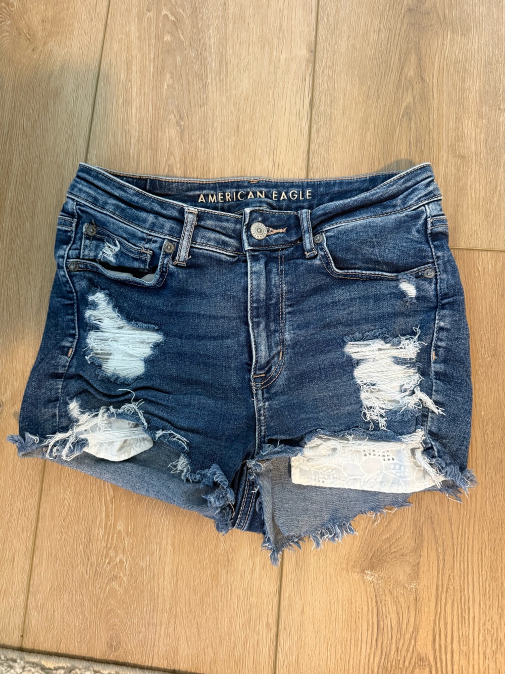 American Eagle Outfitters Distressed Dark Blue Denim Ankle/Cropped Shorts